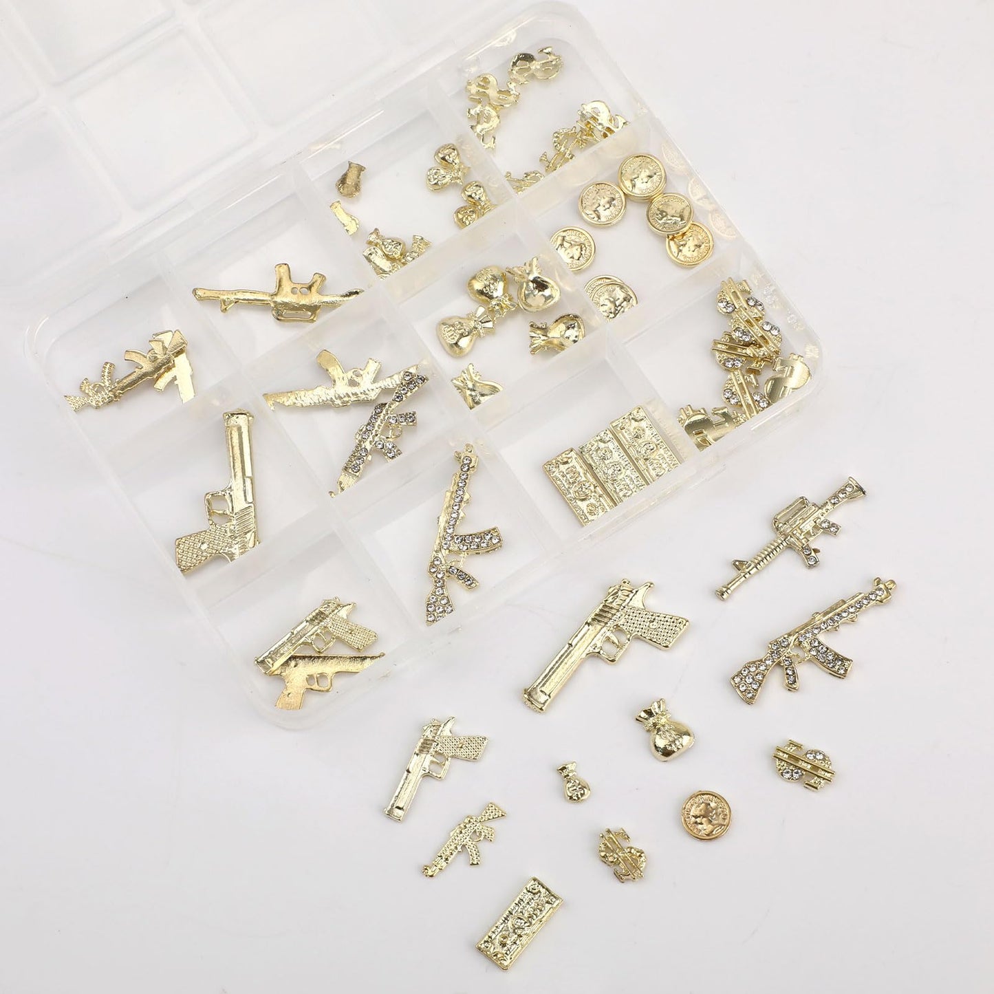 62pcs 3D Nail Charms, Gold Alloy Gun & Dollar Money Fingernail Gems Jewelry Decoration Accessories Supplies for Women Girls Manicure Design DIY Art Crafts