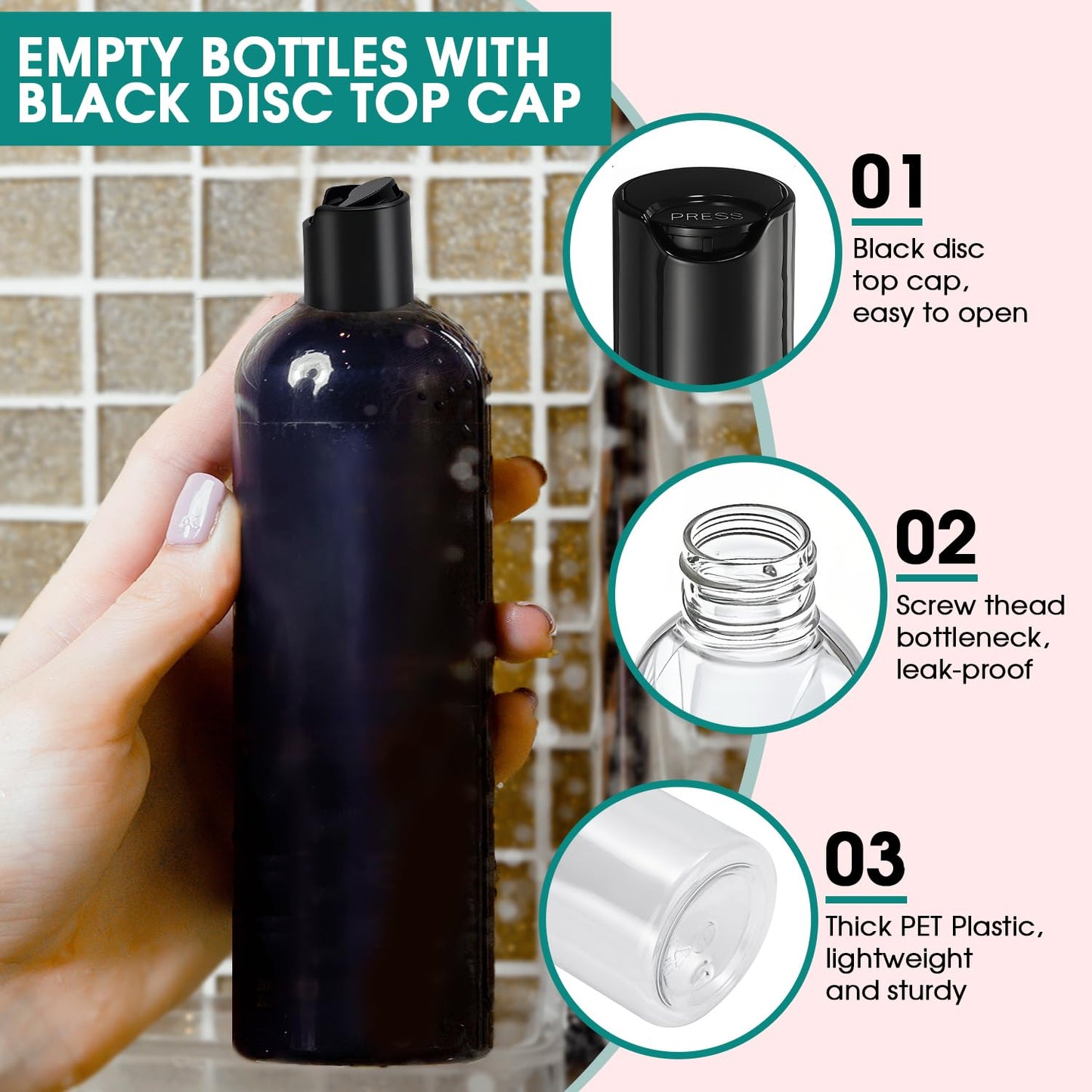 DPLASKA 16 oz Clear Plastic Empty Bottles with Black Disc Top Caps, 12 Pcs Squeezable Refillable Shampoo Bottles Travel Cosmetic Containers for Lotions, Body Soap Cream