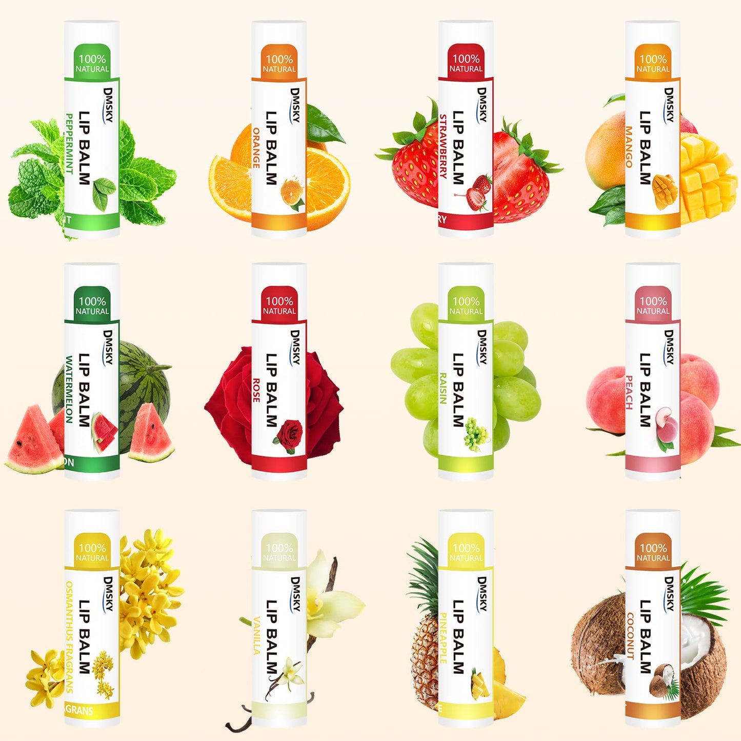 DMSKY 24 Pack Lip Balm Bulk, Moisturizing with Coconut Oil & Vitamin E for Dry Cracked Lips, Natural Lip Care Party Favors for Kids & Adults-12 Flavors