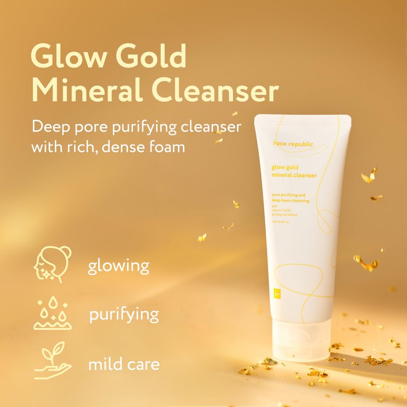 Face Republic Glow Gold Mineral Cleanser 100ml 3.38 fl oz | Deep Pore Purifying Foam | Vitalizing for Dull Skin | Gold, Rice Bran, Ginseng, Vitamins, Niacinamide | Vegan Korean Skincare