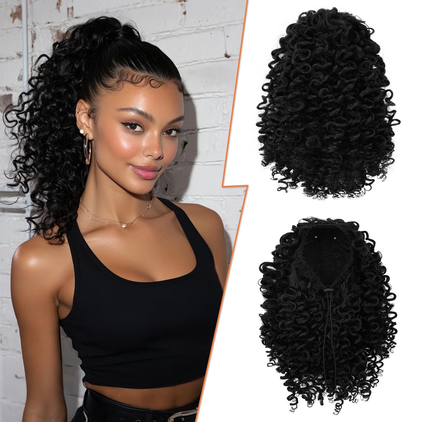 PEACOCO Curly Drawstring Ponytail for Black Women, 10 Inch Kinky Curly Ponytail Extension Synthetic Short Afro Puff Ponytail Hairpieces (1B/30)