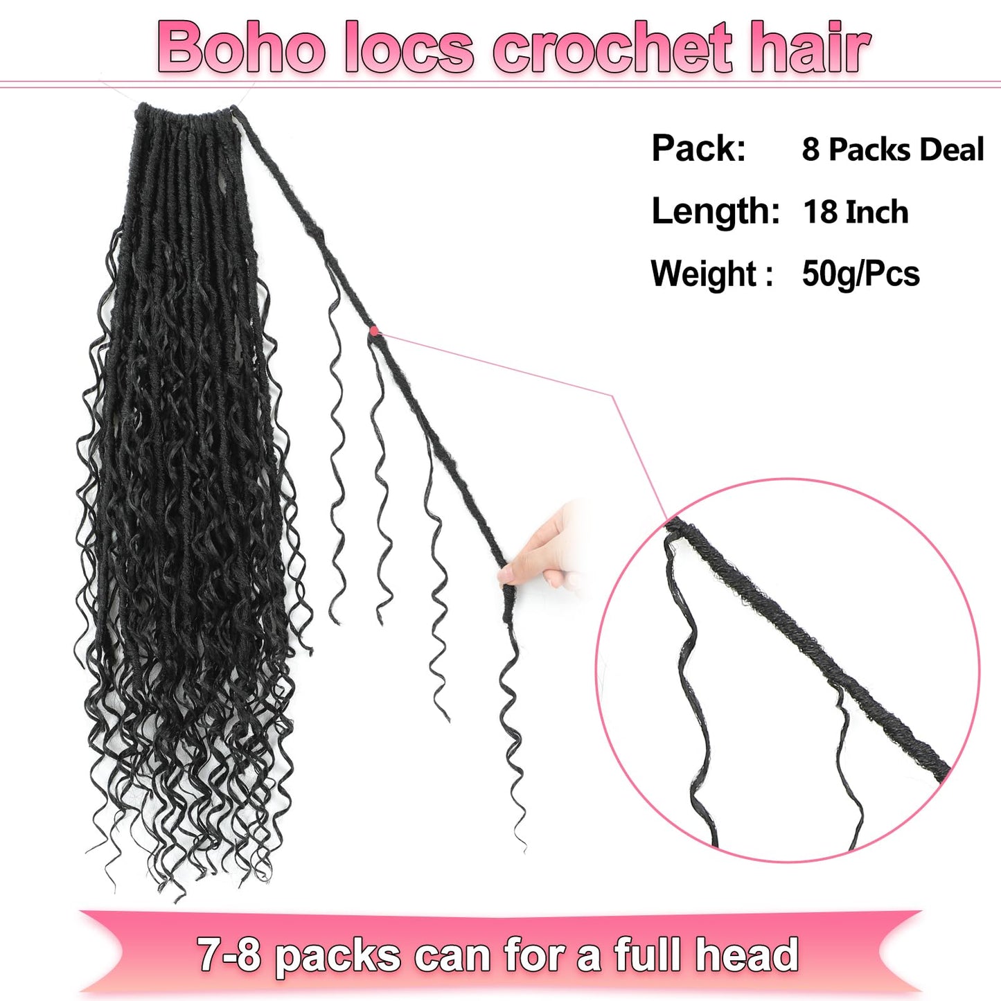 Boho Faux Locs Crochet Hair 18 Inch Goddess Locs 8 Packs Boho Soft Locs Crochet Hair with Curly Ends Pre-looped Long Bohemian River Locs for Black Women (1B, 18 Inch(Pack of 8))
