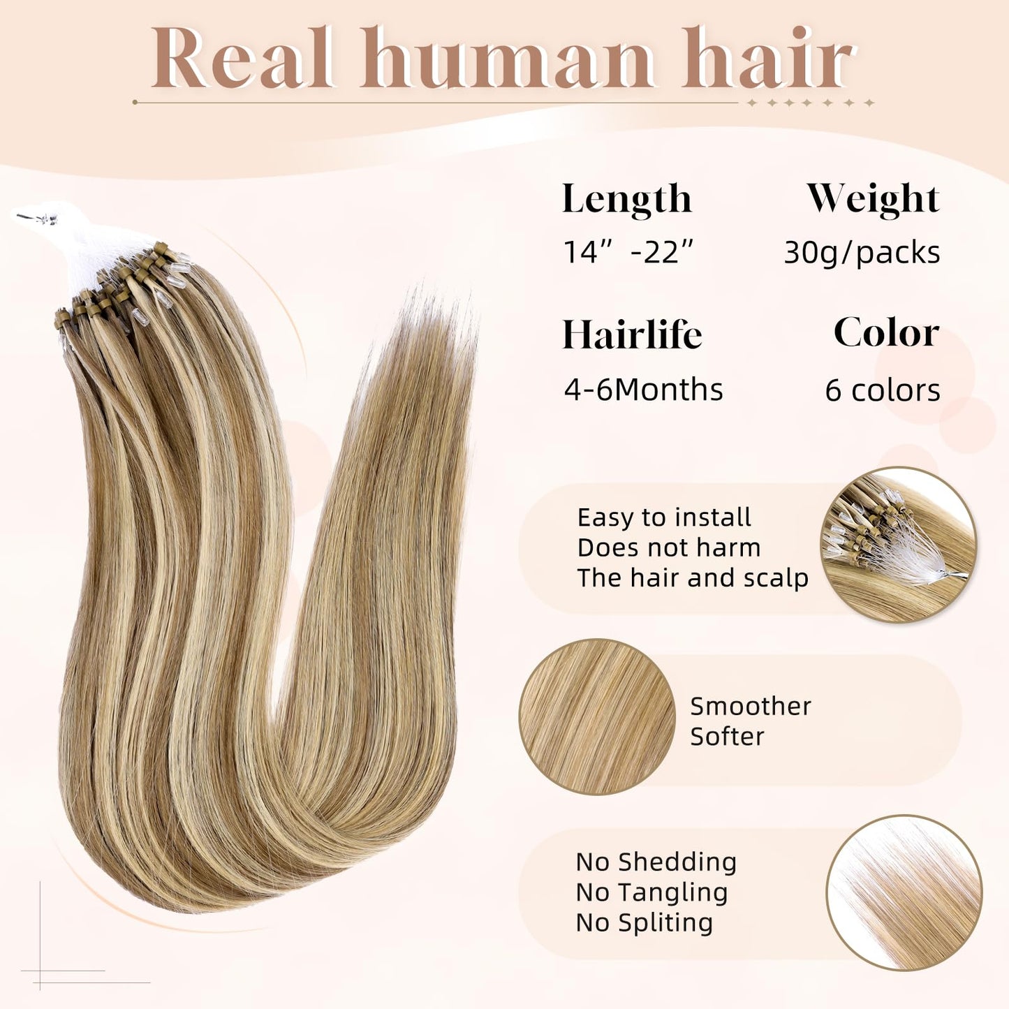 MioYio Microlink Hair Extensions Human Hair 18613 Blonde 30g/38s/Pack 18inch Microbead Micro Loop Hair Extensions Real Human Soft and Glossy Longer Life