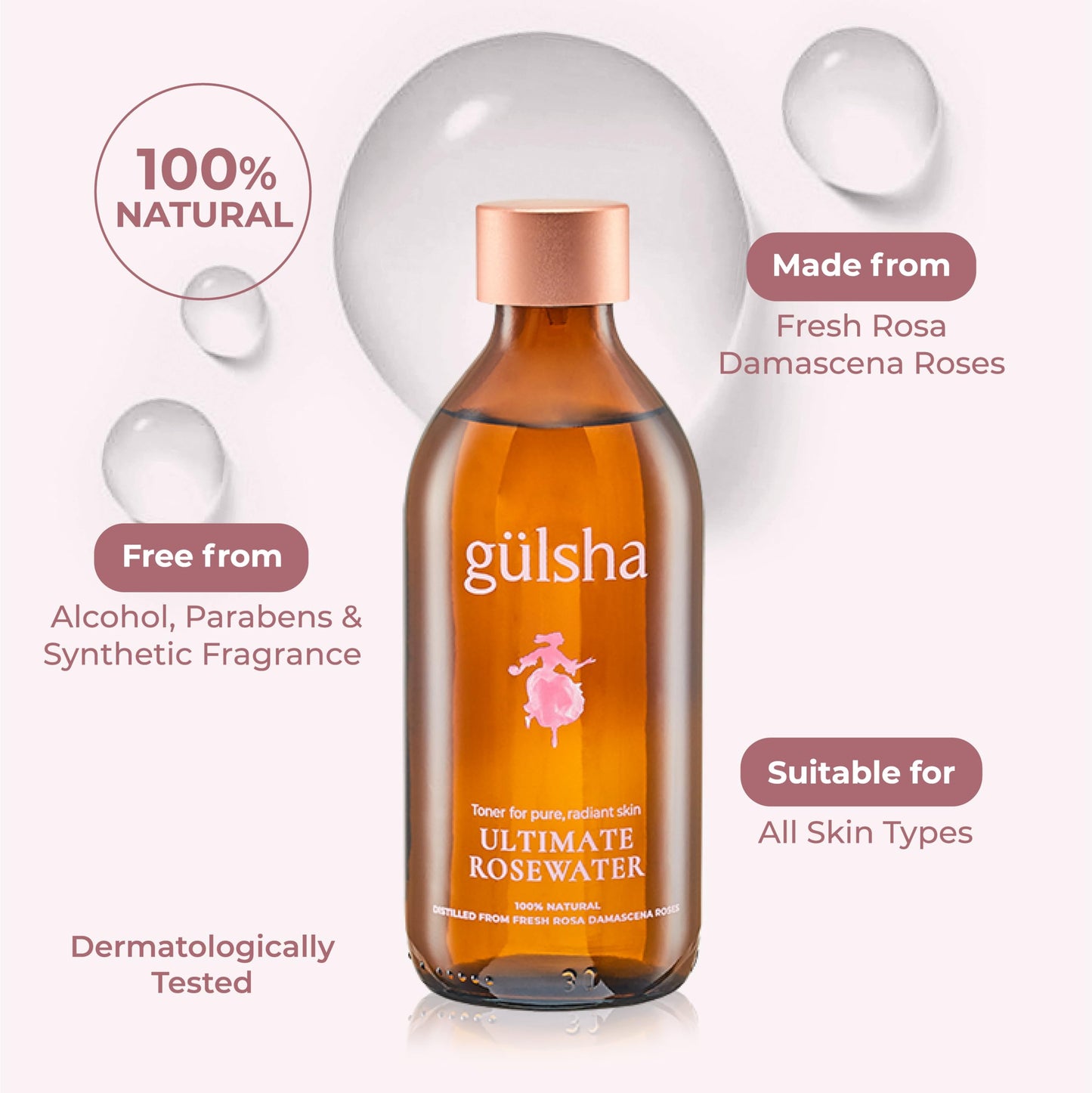 GULSHA ULTIMATE ROSEWATER, Natural Rosa Damascena Flower Water, Cleanses, Nourishes and Tones Skin, Restores Radiance to Your Skin, Free from Chemicals, 100% Natural Glow Rose Essence, 200ml/6.76fl oz