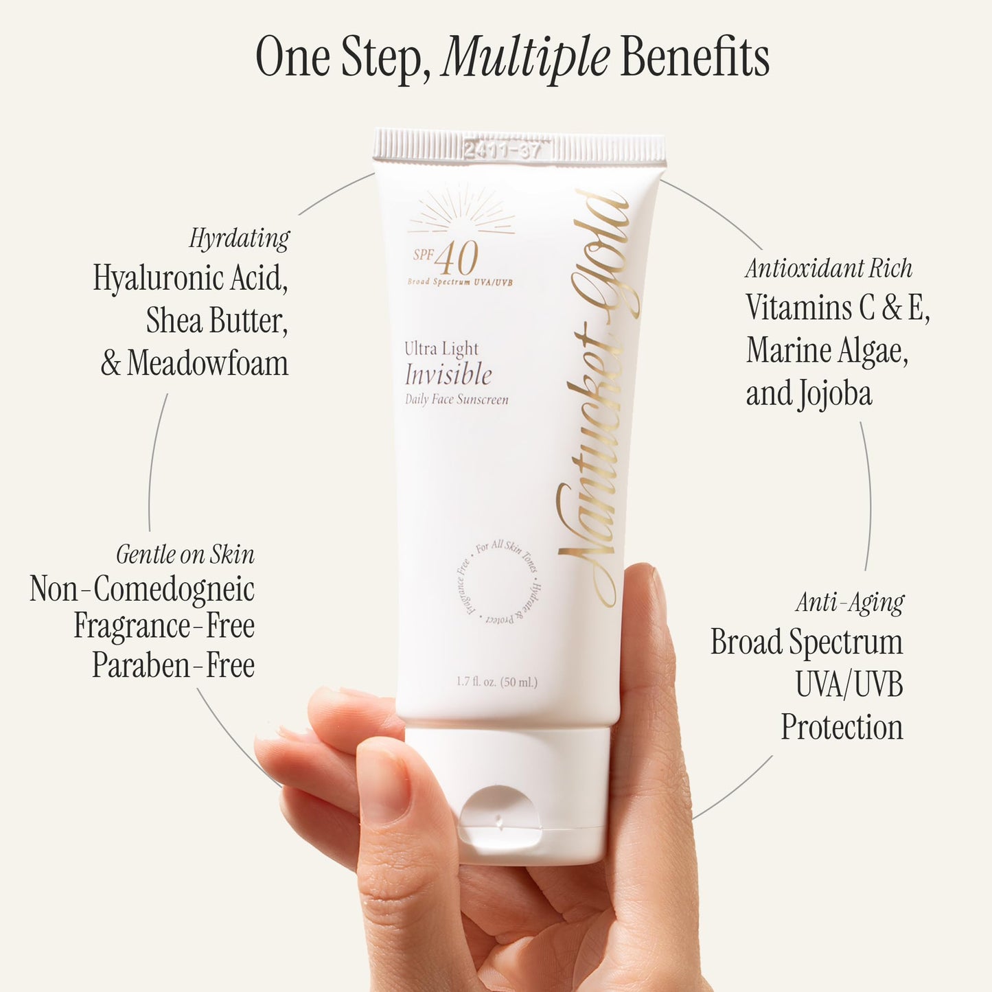 Nantucket Gold 100% Invisible Daily Face Moisturizer with SPF 40 + Hyaluronic Acid + Vitamin C, Weightless, Scentless, Primer - For All Skin Skin Tones - 1.7 fl oz