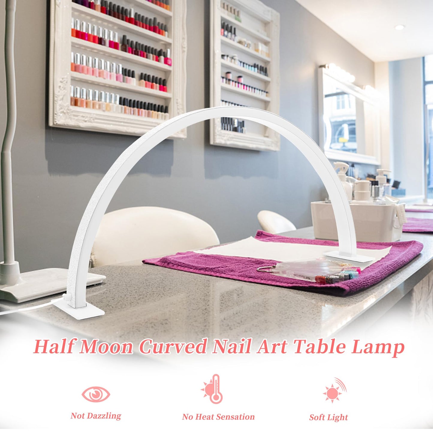 YINGJEE Half Moon Light Nail Lamp for Desk, Lash Light Led Nail Tech Lamp with Adjustable Brightness, Desk Lamp for Lash Eyelash Extension, Tattoo, Skincare, Eyebrows