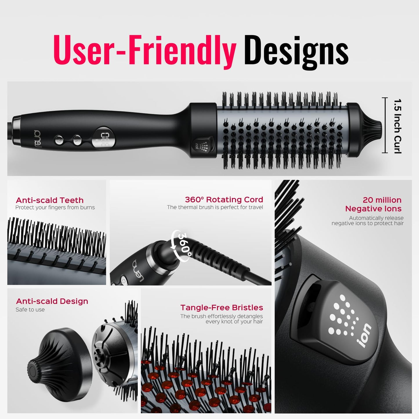 Thermal Brush,Lena 1.5 Inch All-in-1 Heated Round Brush with Titanium Barrel-Infrared&Negative Ion Technology,Smooth,Frizz-Free Styling Tool,5 Heat Settings,LED Display,Black