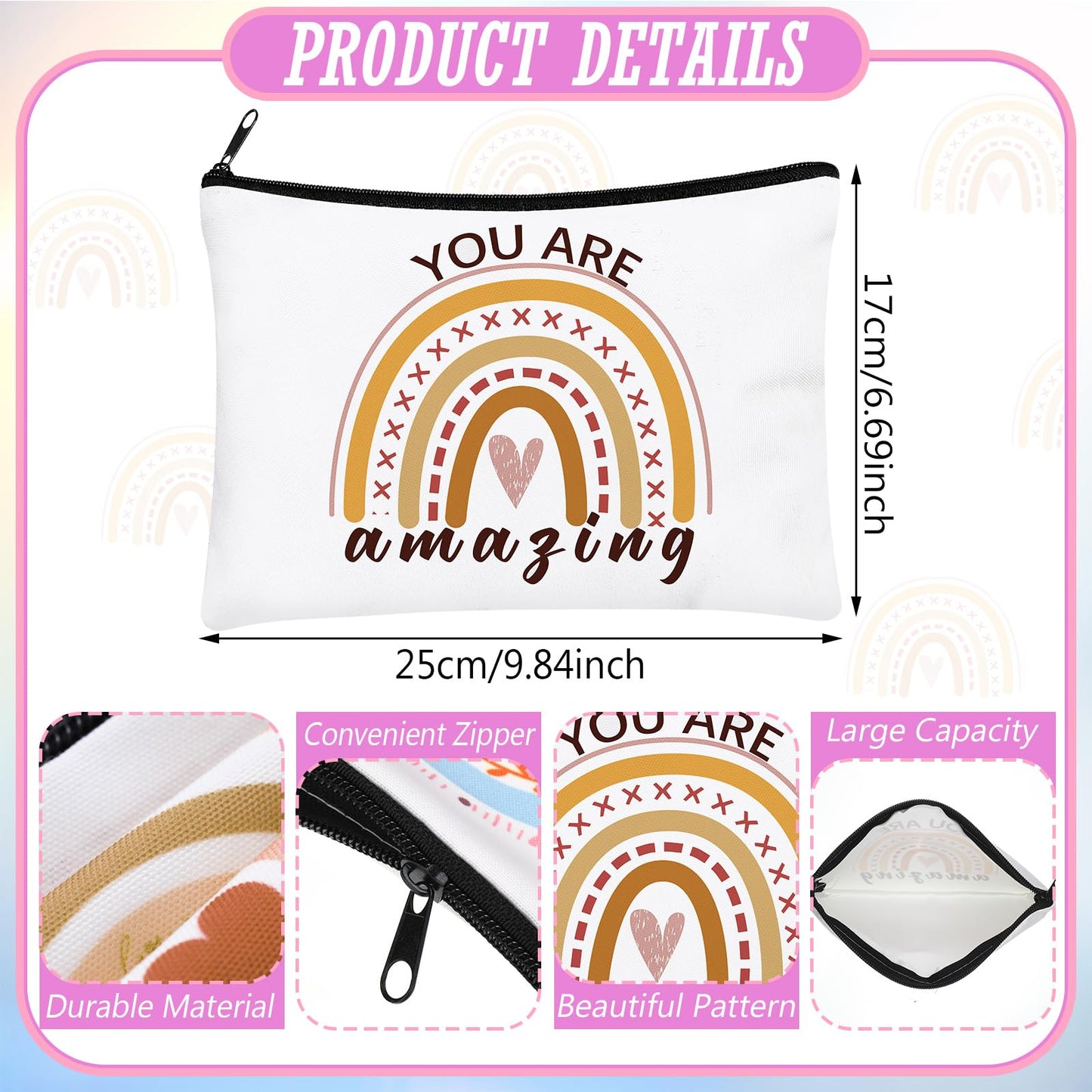 Hillban 64 Pcs CNA Week Bulk Gift Rainbow Canvas Makeup Bag and Motivation Keychains Bulk Boho Cosmetic Bags Appreciation Thank You Gifts for Women Nurse Teacher Volunteer Coworkers