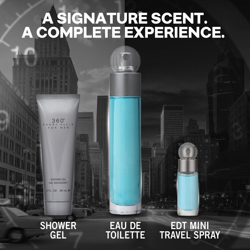 Perry Ellis 360° 3-Piece Gift Set - Men's Cologne - 3.4 fl oz EDT, 3 oz Shower Gel, .25 fl oz EDT mini travel spray - fresh, woody, citrus, aquatic, long-lasting, gift idea