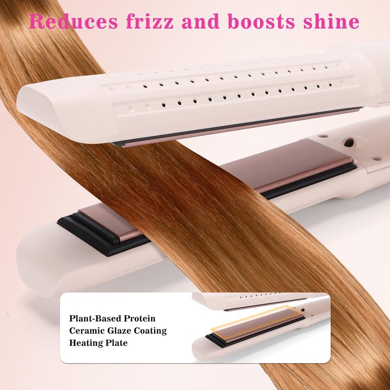 Hair Straightener and Curler, 2-in-1 Flat Iron & Airflow Curling Iron, Cool Air Hair Styling Tool, Ceramic Hair Straightener for Women, Dual Voltage, Blush Pink