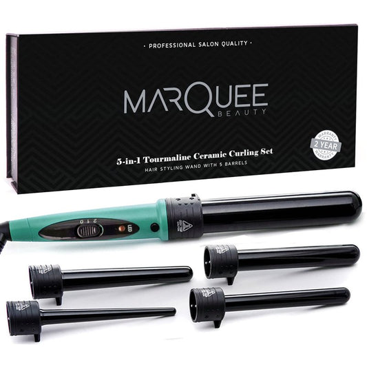 Professional Salon 8-Piece Flat & Curling Iron Set by Marquee Beauty, 5 Interchangeable Ceramic Tourmaline Barrels, Heat Protectant Glove