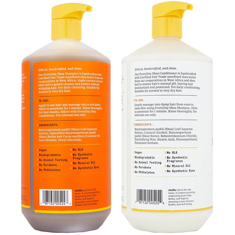 Alaffia EveryDay Shea Shampoo and Conditioner - Normal to Very Dry Hair, Gently Cleanses, Moisturizes, Restores and Protects Hair with Certified Fair Trade Unrefined Shea Butter, Unscented, 32 Oz Each