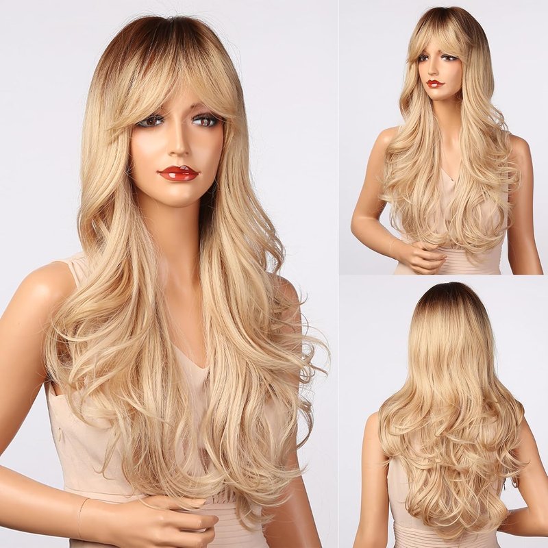 Blonde Wig with Bangs - Long Wavy Ombre Synthetic Hair | Light Ash Blonde with Dark Roots, Perfect for Halloween & Christmas