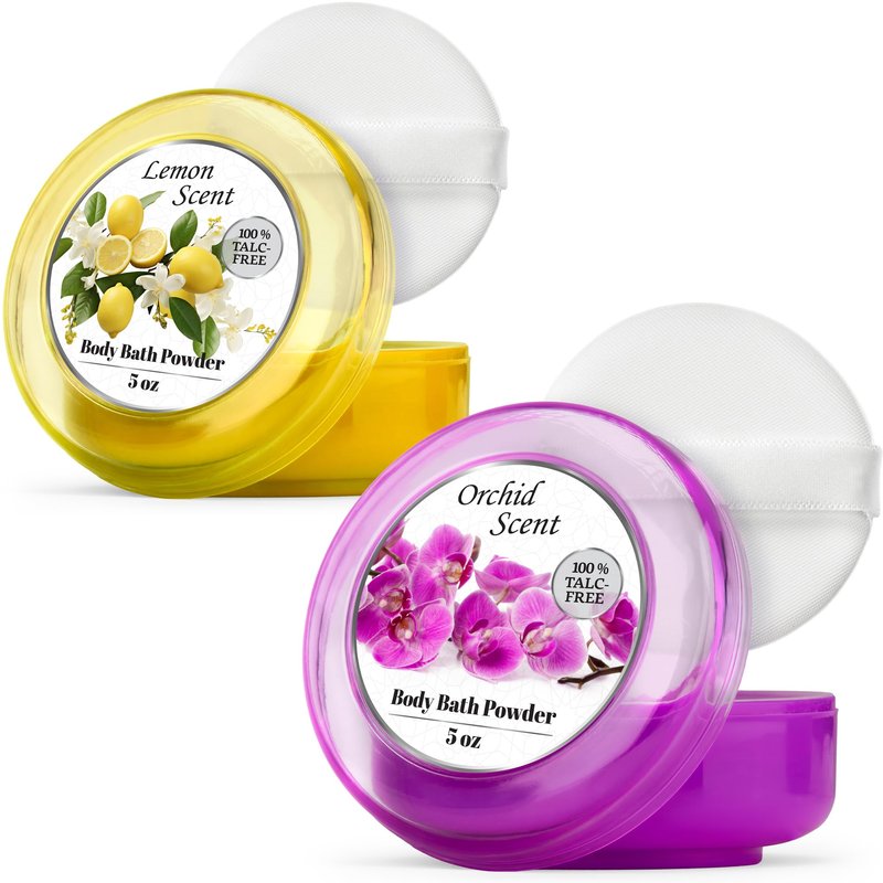 R-NEU Body Powder for Women with Powder Puff, 100% Talc-Free, Luminous Lemon Scented Dusting Powder, After Bath for Soft Skin, Extra Large, (2 Pack, 5oz Each)