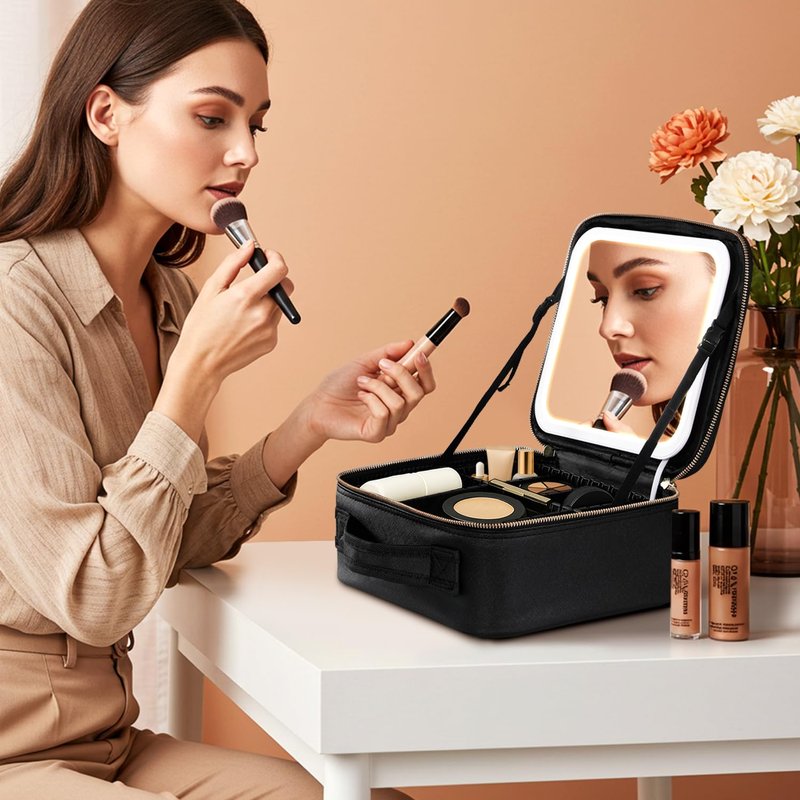 IPOW Travel Makeup Bag with LED Mirror, 3 Adjustable Light Settings, Customizable Dividers, Portable Travel Organizer, USB Charging, Black, Small