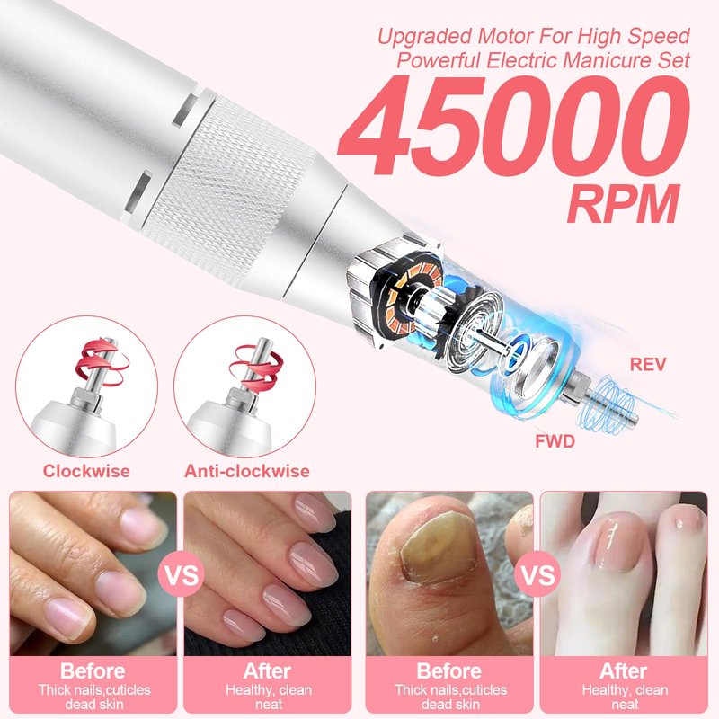 Electric 45000RPM Nail Drill Machine Rechargeable Portable Nail File Electric DIY Nail Drill Kit with Smart LCD Screen for Gel Nail Manicure and Pedicure Reflective Body etc (Yellow)