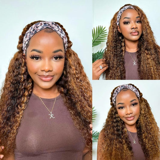 Youngirl Ombre Deep Wave Headband Wig Human Hair #4/27 Curly Headband Wigs for Black Women Human Hair Glueless None Lace Front Wigs Brazilian Virgin Hair Wig Machine Made 150% Density 12 Inch