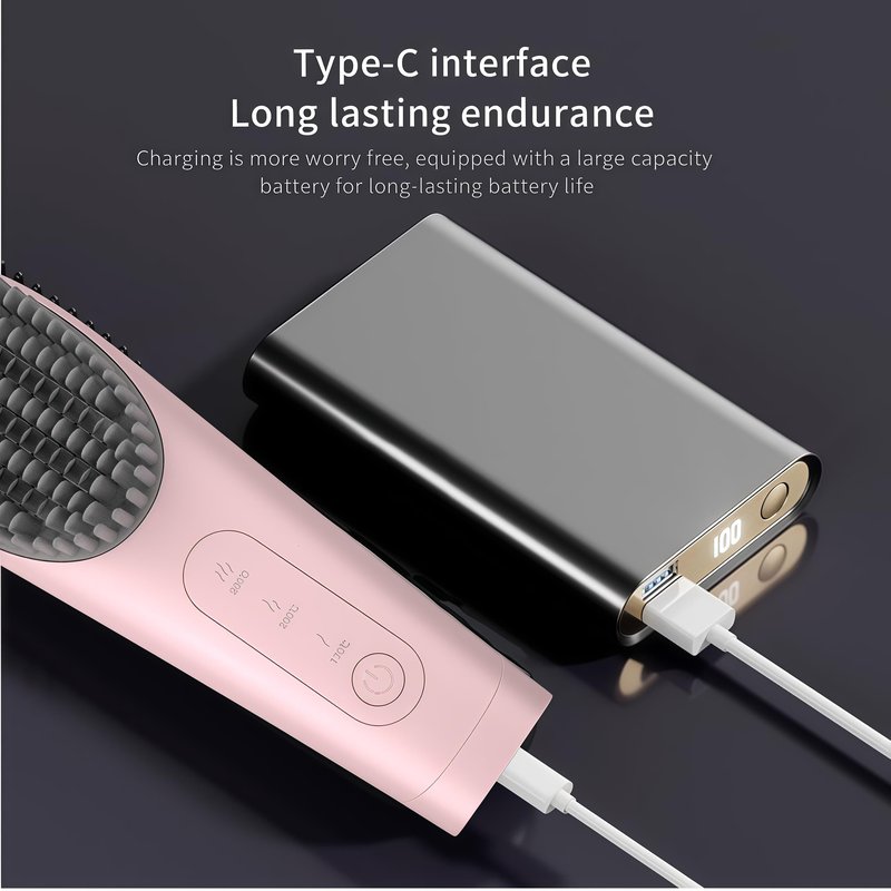 Go Brush Pro Cordless Portable Hair Straightener Brush - 30s Quick Heat, 150M Negative Ions, USB-C Rechargeable, 7000mAh - Pink for Women & Travel