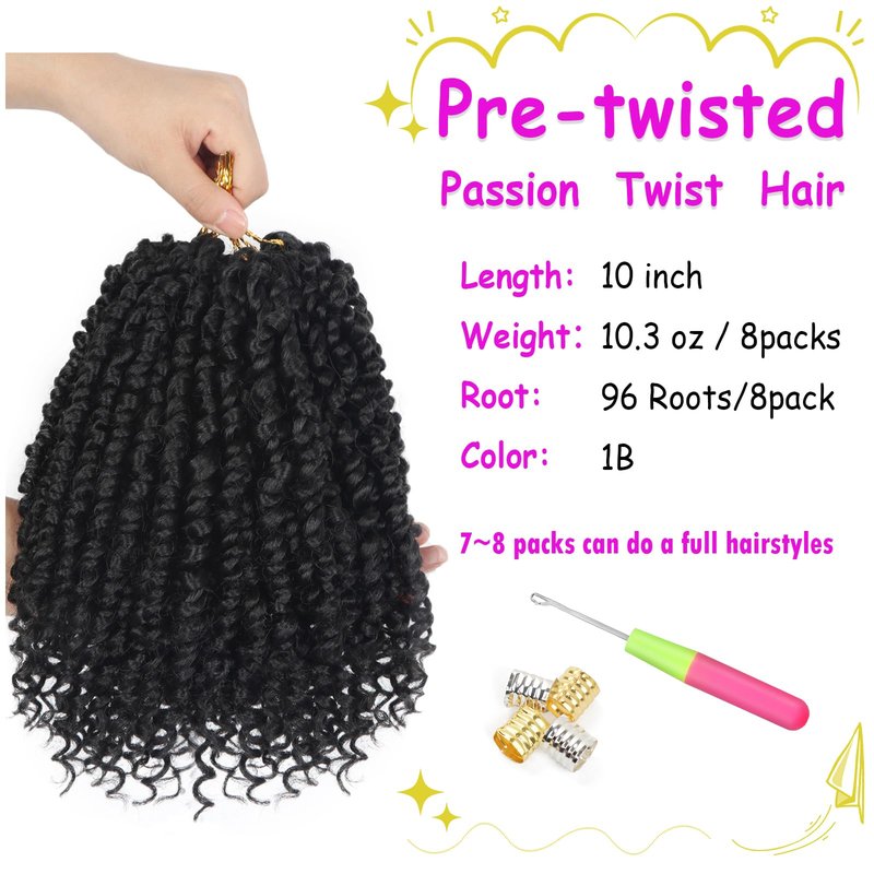 Bileaf 8 Pack Passion Twist Crochet Hair 10 Inch Pre-twisted Short Crochet Passion Twist Hair, Pre Looped Passion Twists Crochet Braids Bohemian Crochet Hair 1B