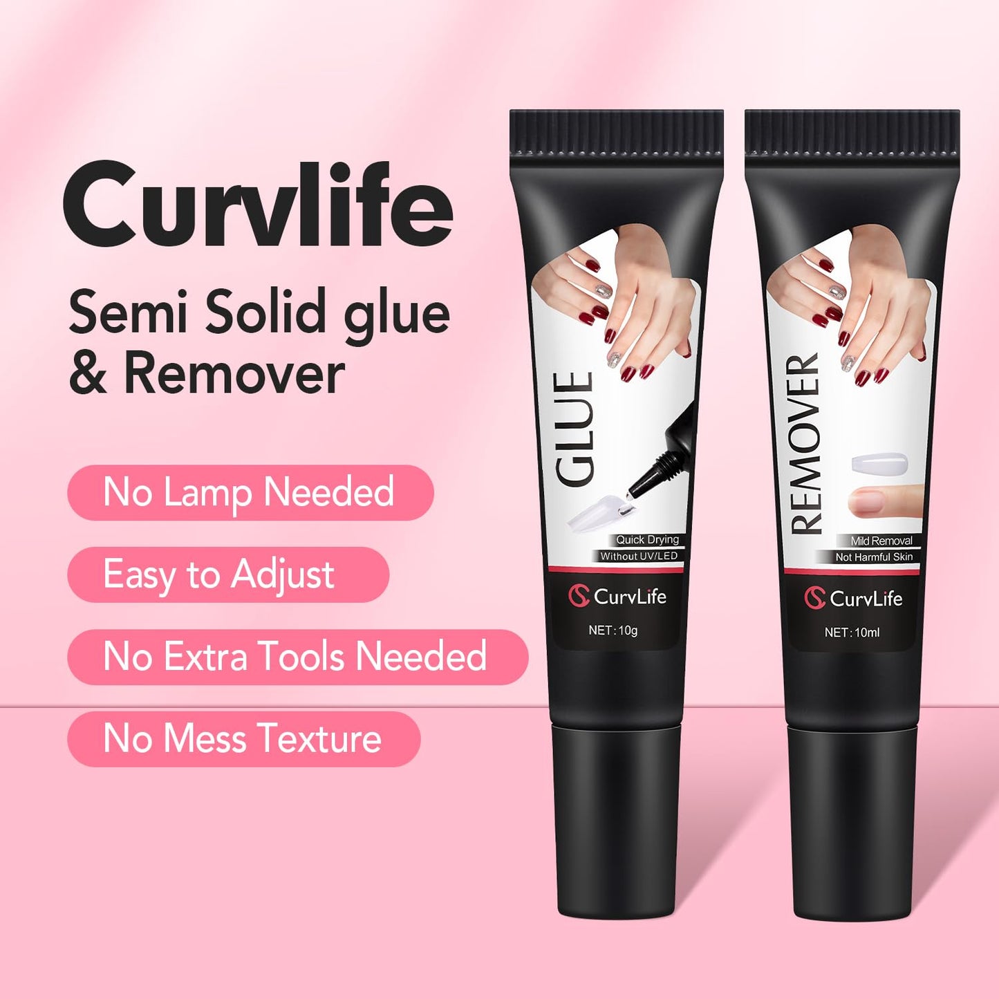 Soft Gel Press on Nails, Fake Nails with Bright-Pink and semi solid nail glue kit