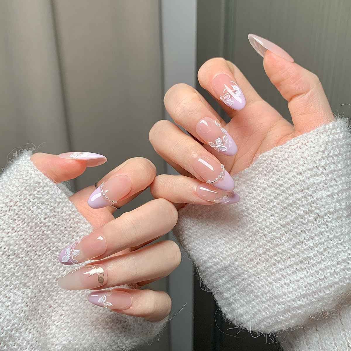3D Sea Shell Press-On Nails - Handmade Medium Almond Beach Nail Art with Butterflies (L Size)