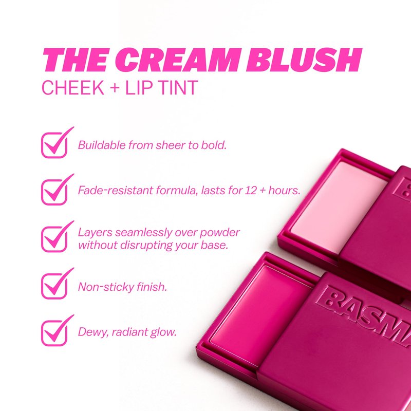 BASMA Beauty Cream Blush for Cheeks, Buildable Non-Sticky Cream Blush Makeup, Long-Lasting Cheek and Lip Tint with Vitamin E, Aloe Vera & Rosemary Extract, Gluten-Free Vegan (Pink Yet Coral)