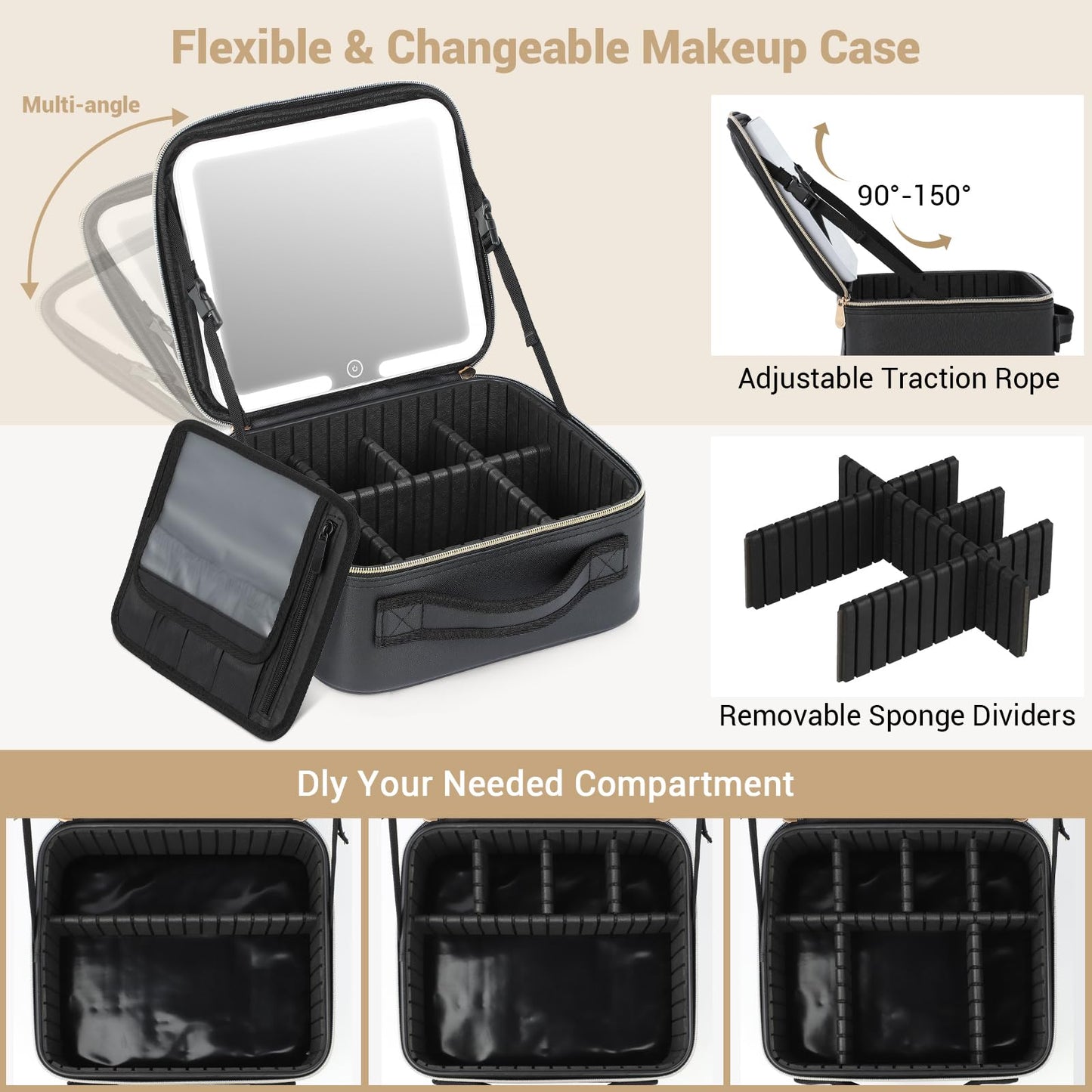 Aiborke Travel Makeup Bag with Led Mirror Make up Case with Lighted Mirror Cosmetic Organizer bag with Adjustable Dividers and 5X Magnifying Mirror Makeup Box Organizer Vanity Case for Women (Black)
