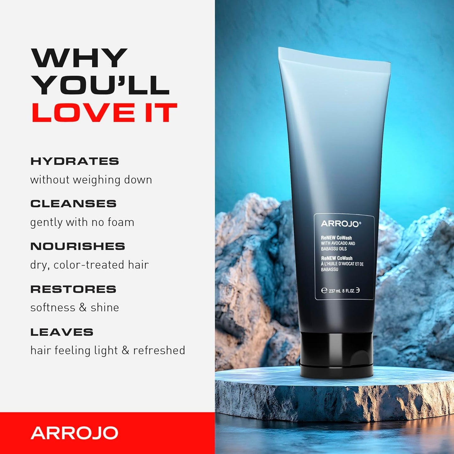 Arrojo ReNEW CoWash 8oz - Sulfate & Paraben Free Cleansing Conditioner for Color Treated Hair | Vegan Non-Foaming Cleanser with Avocado & Babassu Oils