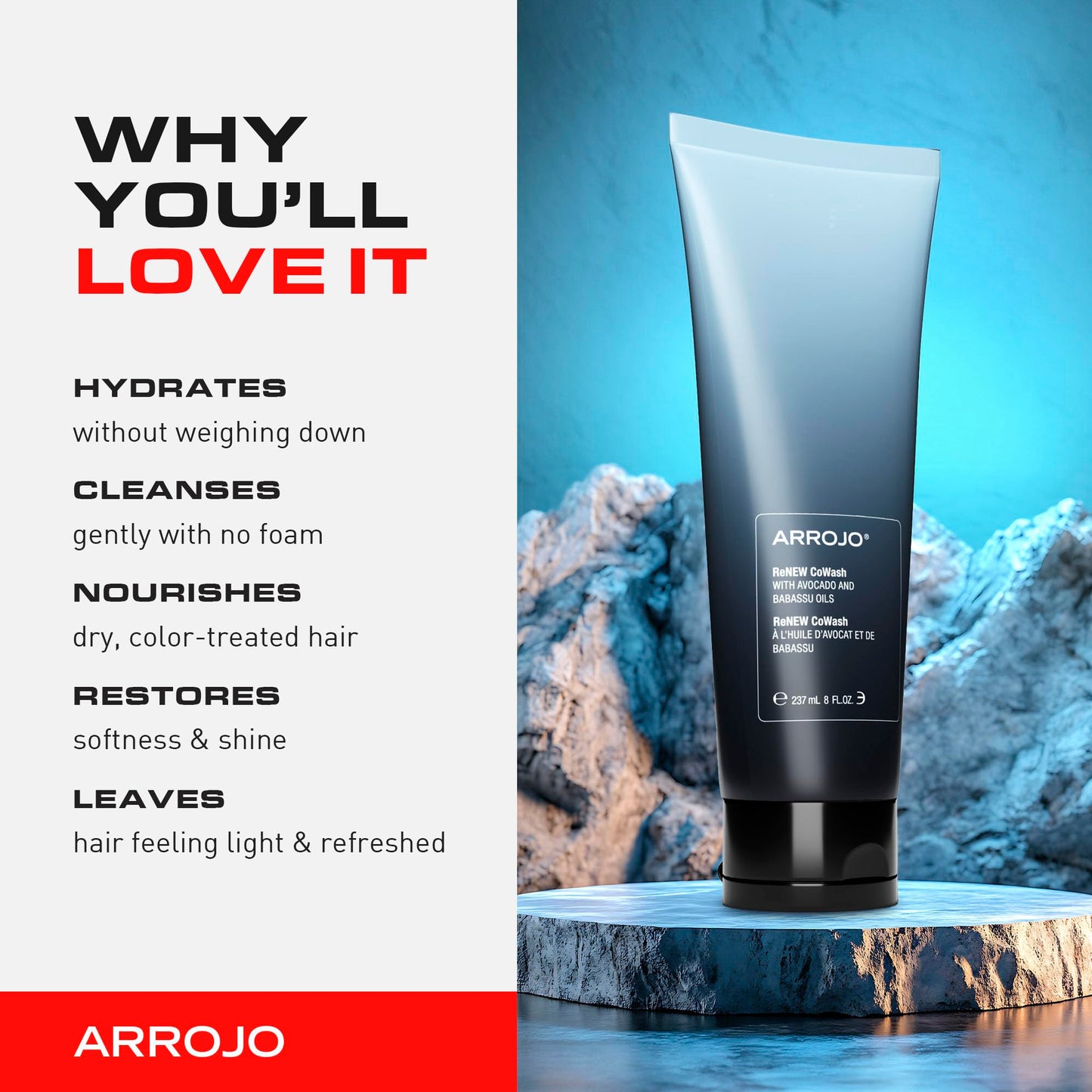 Arrojo ReNEW CoWash, 8oz – Sulfate & Paraben Free Cleansing Conditioner for Color Treated Hair – Vegan, Non-Foaming Cleanser with Avocado & Babassu Oils for Curly & Dry Hair