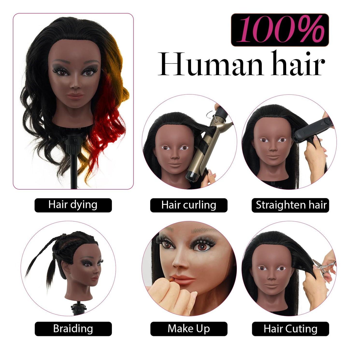 Mannequin Head 80% Human Hair with Tripod Stand, 28 Inch Makeup Cosmetology Manikin Head Braiding Mannequin Head with stand, Hairdressing Training Practice Doll Head for Hair Styling with Table Clamp