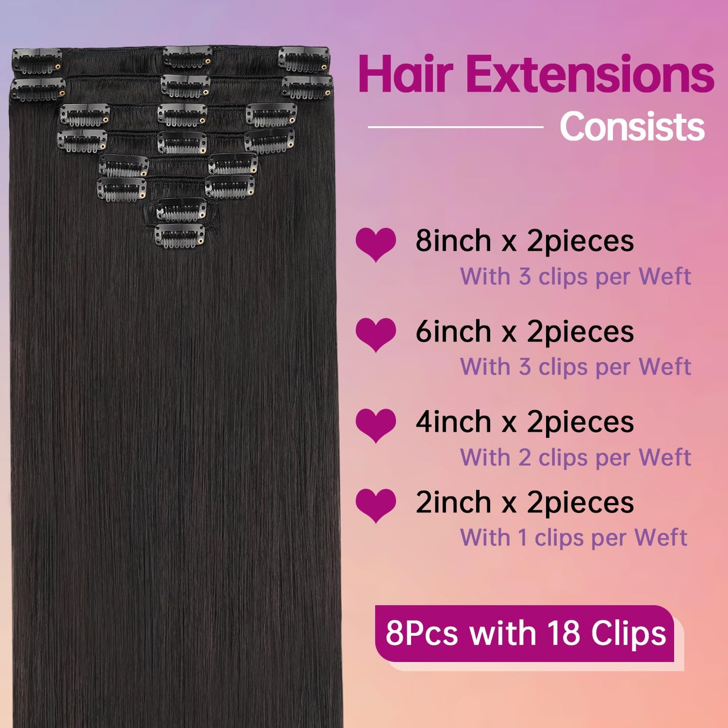PSIOOL 1B Natural Black Human Hair Clip In Extensions - 18 Inch Straight Seamless 8pcs/100g, Real Remy Invisible Clip Ins for Women（Cabello Humano)