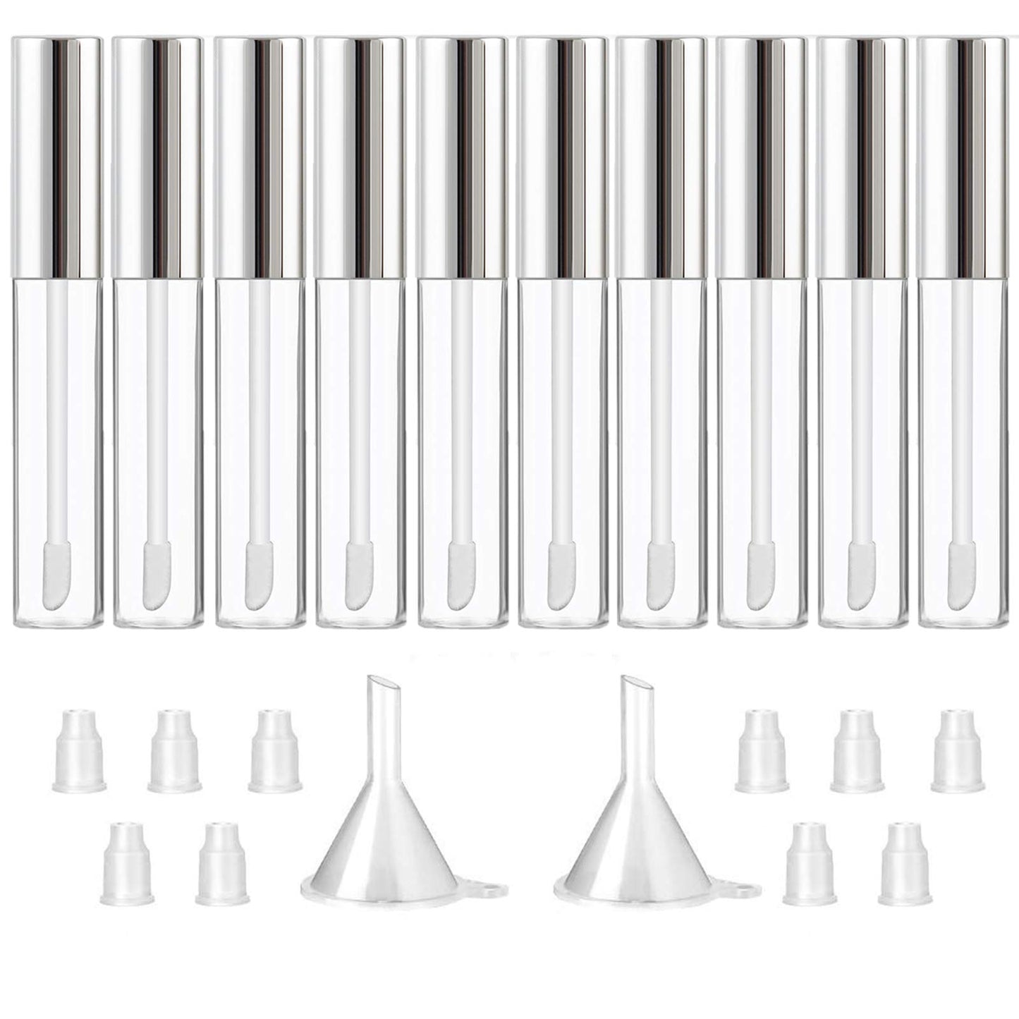 GTHER 10PCS 10ML Empty Lip Gloss Containers Tube with Wand, Refillable Lip Balm Bottles, Lipstick Sample Container and Funnel and Rubber Stoppers for Girls DIY Lip Samples, Silver Top