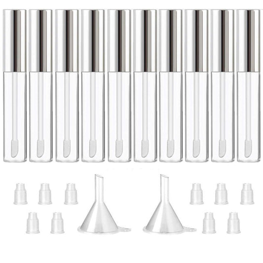 GTHER 10PCS 10ML Empty Lip Gloss Containers Tube with Wand, Refillable Lip Balm Bottles, Lipstick Sample Container and Funnel and Rubber Stoppers for Girls DIY Lip Samples, Silver Top
