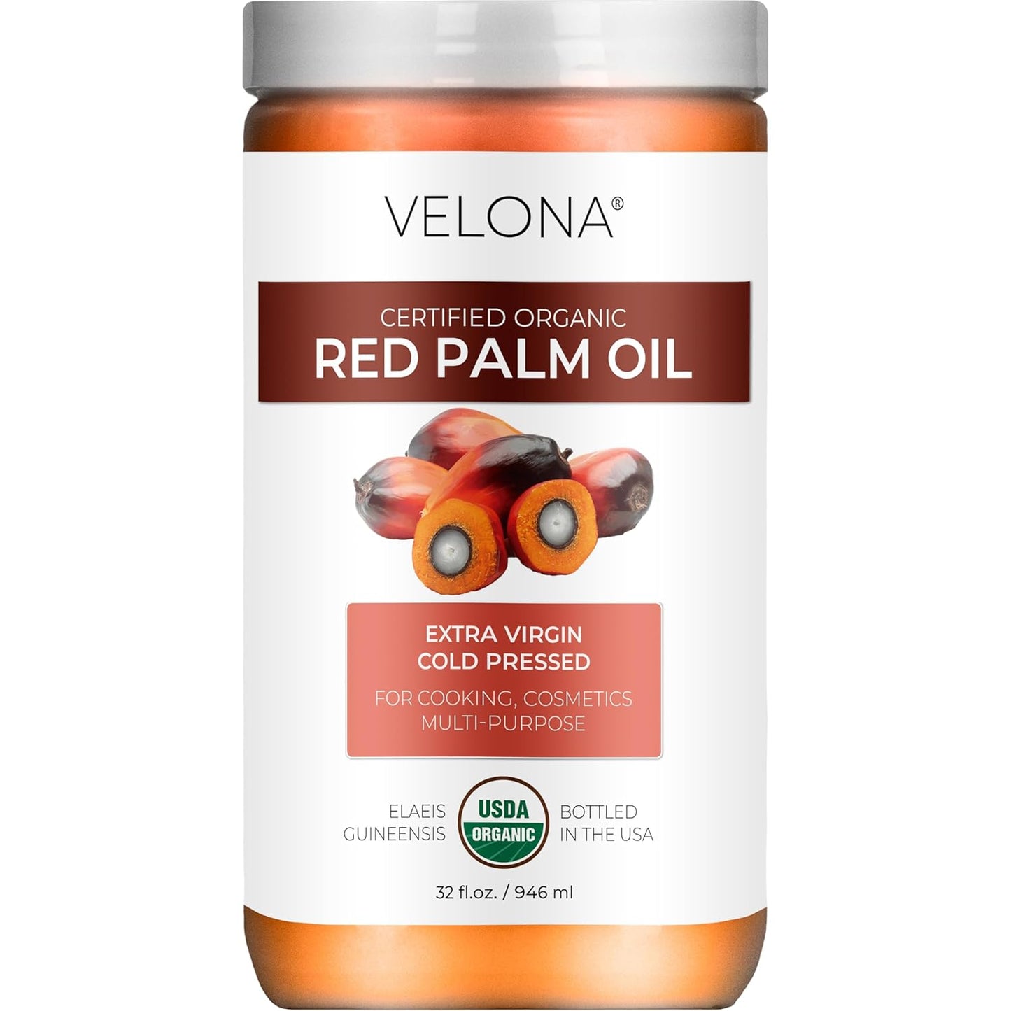 Organic Red Palm Oil - USDA Certified, Extra Virgin, Cold Pressed | 32 Fl Oz Jar for Skin, Face, Body & Hair Care