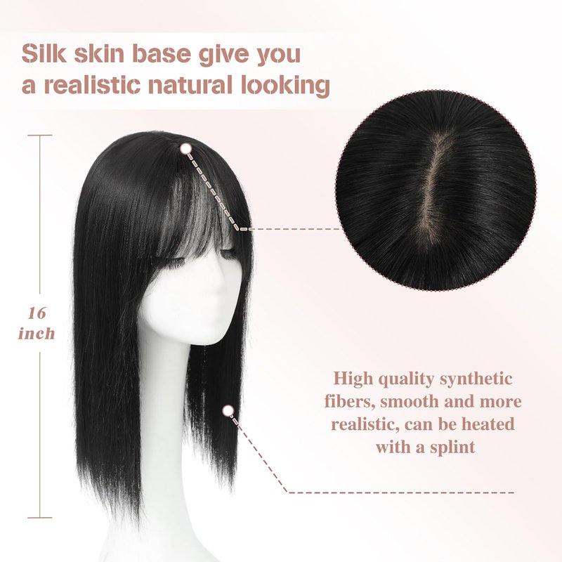 Hair Toppers for Women - Realistic Bangs Synthetic Hair Pieces | 6.5"x6.5" Large Coverage, 16" Volume Boost