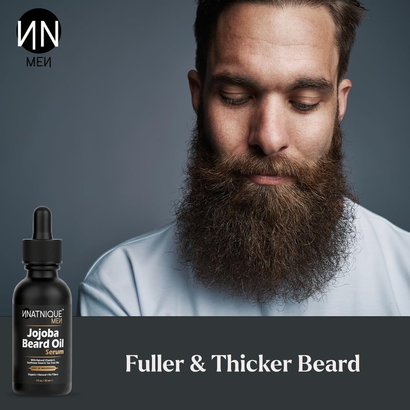 Natnique Jojoba Beard Oil for Men with Vitamin E & Tea Tree – Organic Conditioner & Growth Oil – Moisturizer for Facial Hair, Mustache & Dry Skin – Softener for Itch, Dandruff & Grooming Care – 1 oz