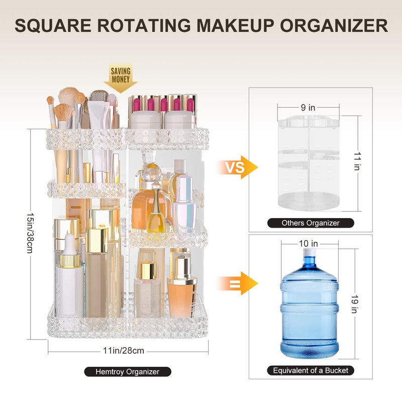HEMTROY Rotating Makeup Organizer with Makeup Brush Holder,Large Capacity Perfume Organizer for Vanity Countertop,Acrylic Skincare Organizers Spinning Holder Storage Rack (Clear)
