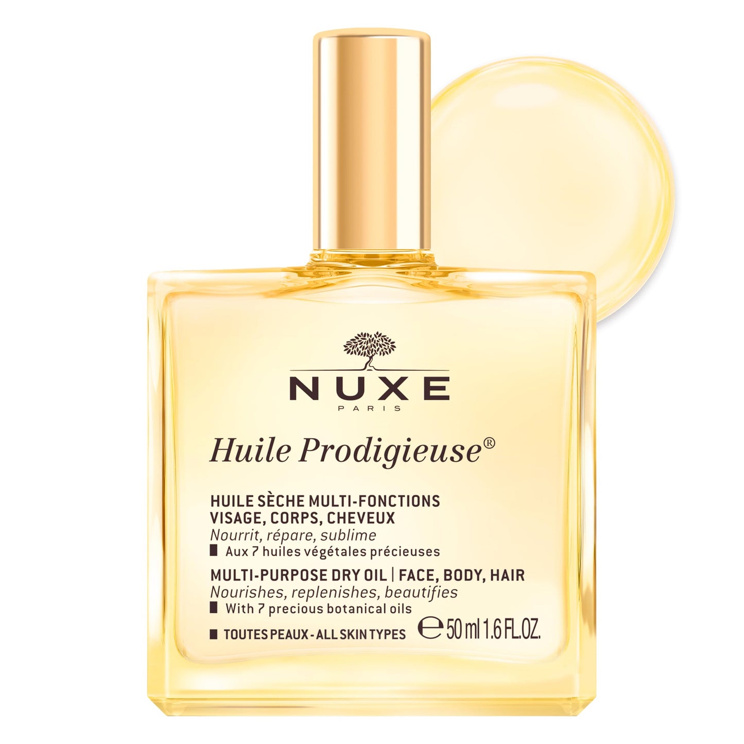 Nuxe Huile Prodigieuse Multi-Purpose Dry Oil with 7 Botanical Oils for Radiant Glow and Hydration for Face, Body & Hair, 1.6 Fl Oz