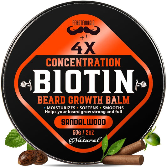 FEBOTE Biotin Beard Growth Balm for Men – Conditioning Balm with Castor, Shea & Jojoba Oils to Condition, Soften & Thicken Facial Hair – Non-Greasy, Sandalwood Scent – 2 oz Grooming Kit