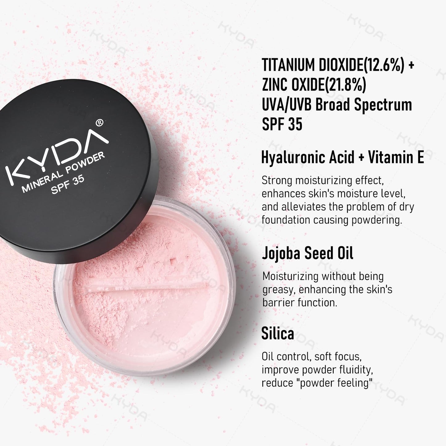 KYDA Mineral Loose Powder SPF 35, Pink Loose Setting Powder, Buildable Sheer Coverage, Weightless Oil Free, Blurring Finishing, Extend Base Makeup, 0.28 oz, Light Pink