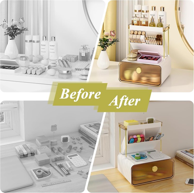 3 Tiers Makeup Organizer - Cosmetic Display with Drawer & Lipstick Holder | Amber Color for Vanity & Bathroom