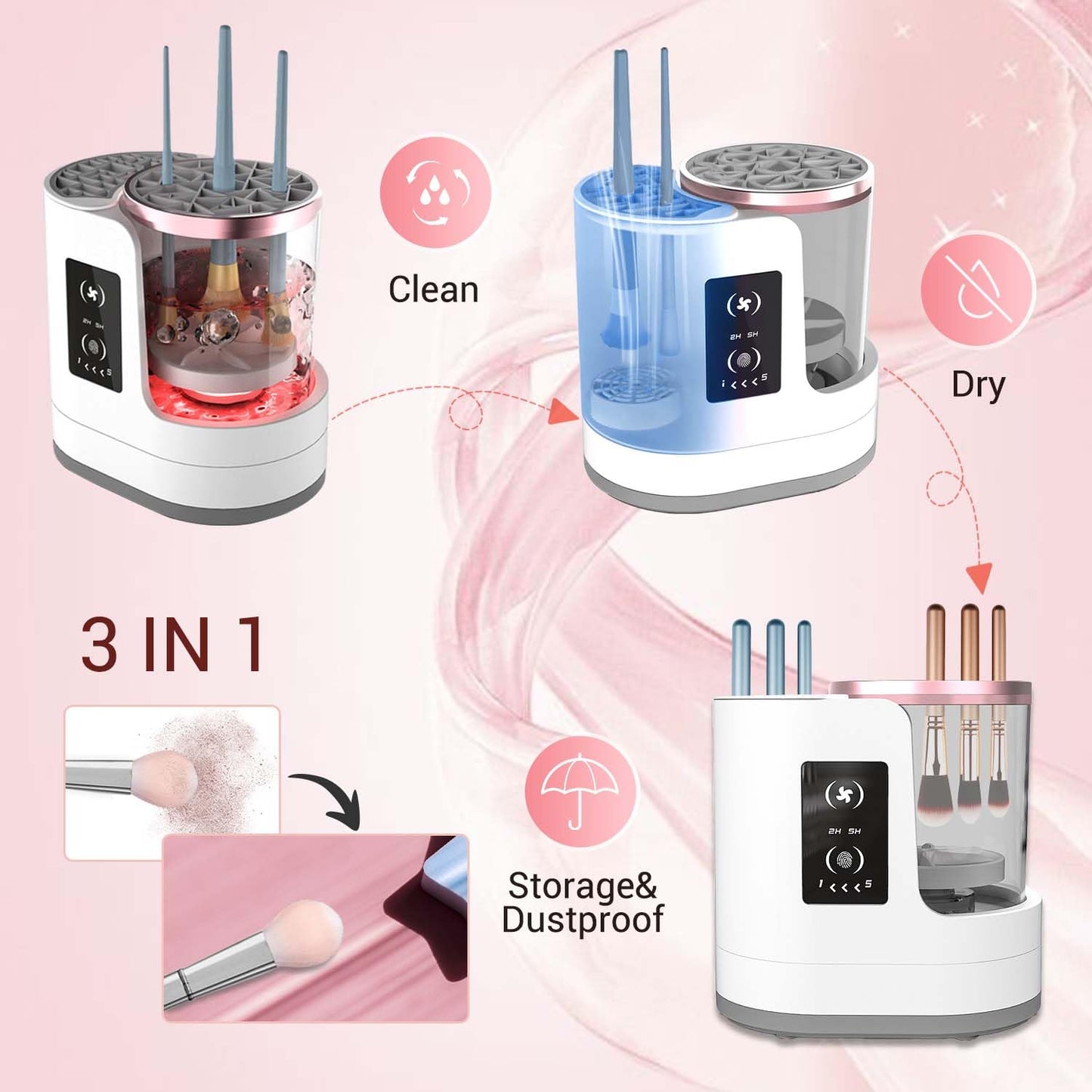 3 IN 1 Electric Makeup Brush Cleaner Machine With Makeup Brush Dryer Holder Portable Automatic USB Cosmetic Brushes Cleaner Tool for All Size Beauty Makeup Brush Set,Contour, Eyeshadow, Blush Brush