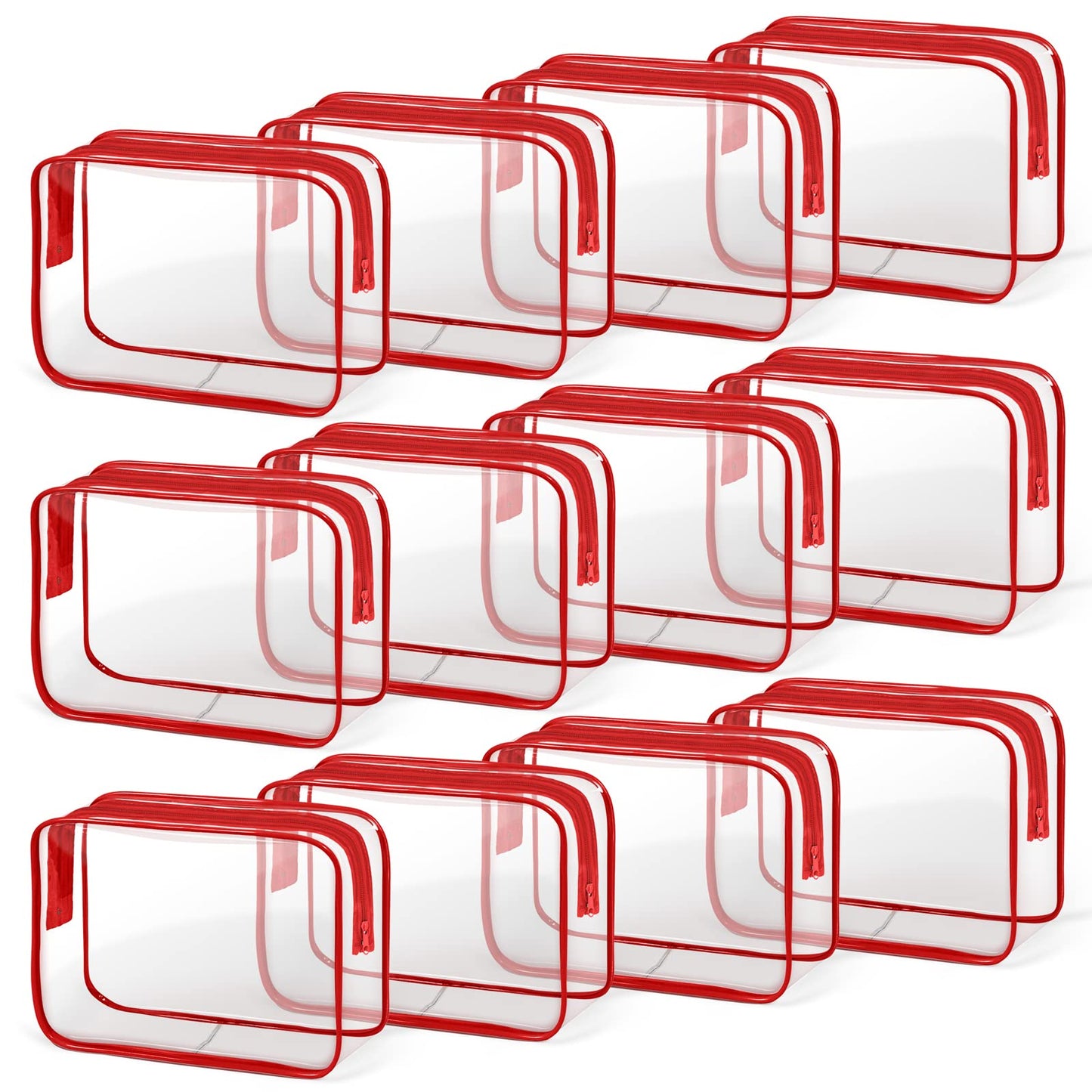 TISRATOK 12 PCS Clear Makeup Bag for Women with Zipper, TSA Approved Toiletry Pouch, Cosmetic Bag Bulk for Travel Organizer Essentials - Red, Medium
