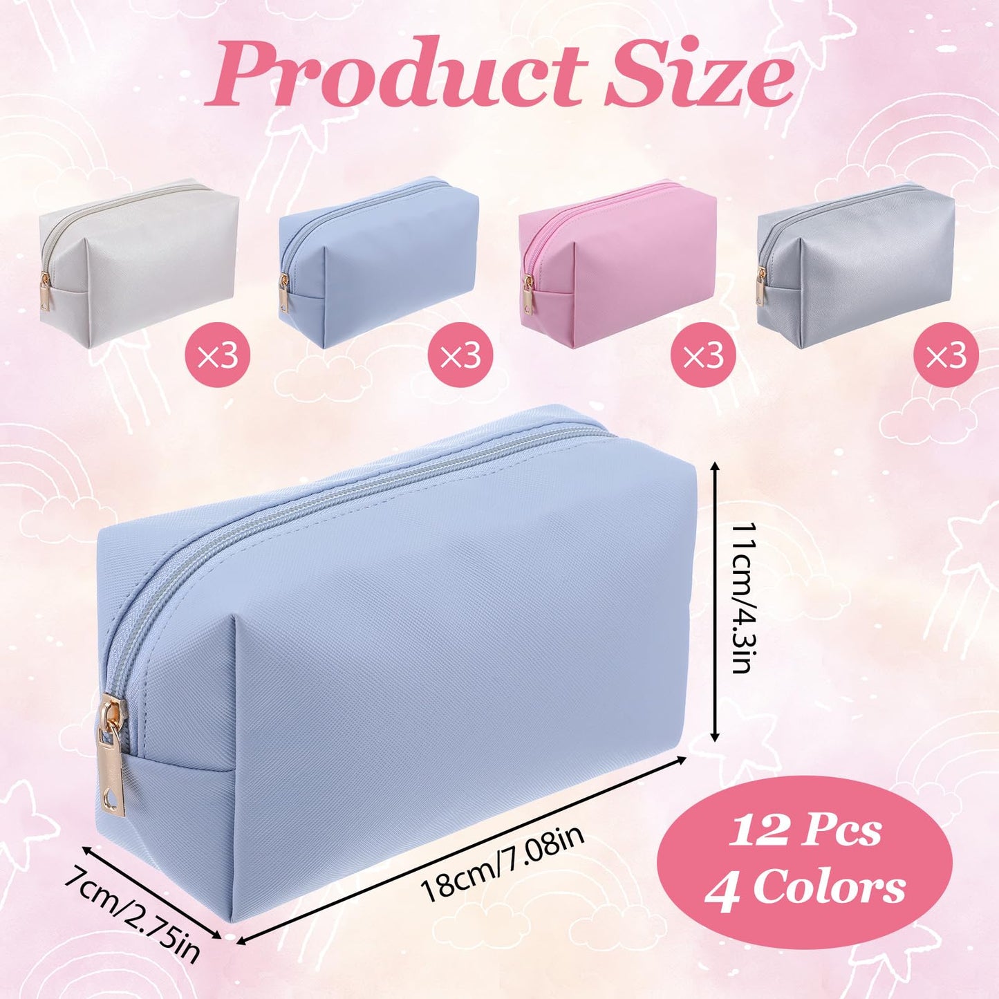 AojSup 12 Pcs Nylon Makeup Bag Small Cosmetic Pouch Set, Waterproof Nylon Cosmetic Bag for Women, Travel Toiletry Organizer with Zipper (Pink, White, Silver, Blue)