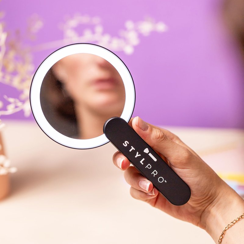 StylPro Twirl Me Up LED Hand Held Compact Makeup Mirror - Lightweight, USB Rechargeable - Rotating Handle Perfect for Selfies - 1 pc