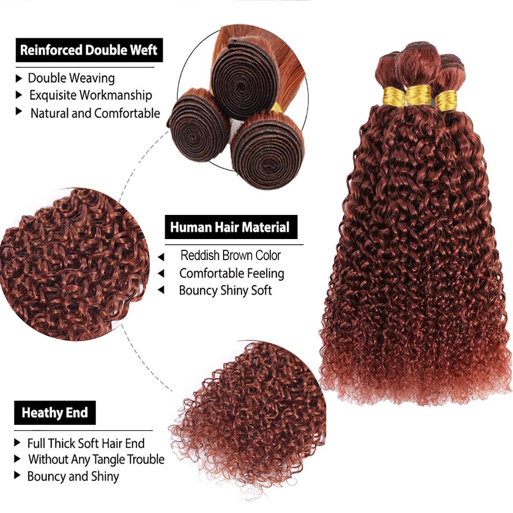 ZCMYVINND Color #33 Reddish Brown Jerry Curly Human Hair Bundles 3 Bundles 10 12 14 Inch Double Weft Unprocessed Brazilian Virgin Remy Copper Red Curly Wave Bundle Hair Extensions Auburn Bundle 300g