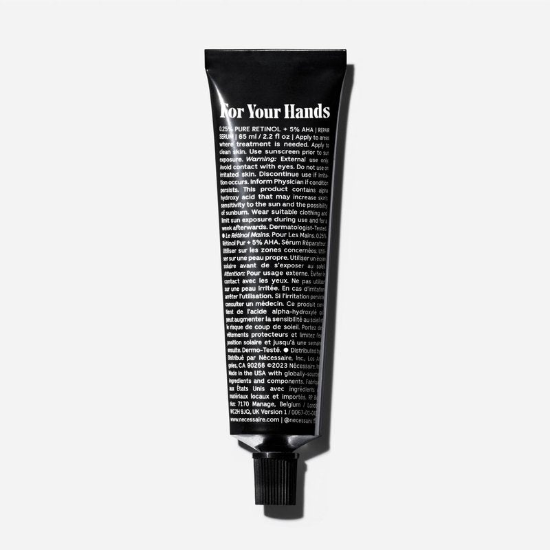 Nécessaire The Hand Retinol. Anti-Age Repair Serum. For Crepiness, Wrinkles, Spots, Brittle Cuticles. 0.25% Pure Retinol. 5% AHA. Dermatologist-Tested. Hypoallergenic. Non-Comedogenic. 2.2 fl oz.