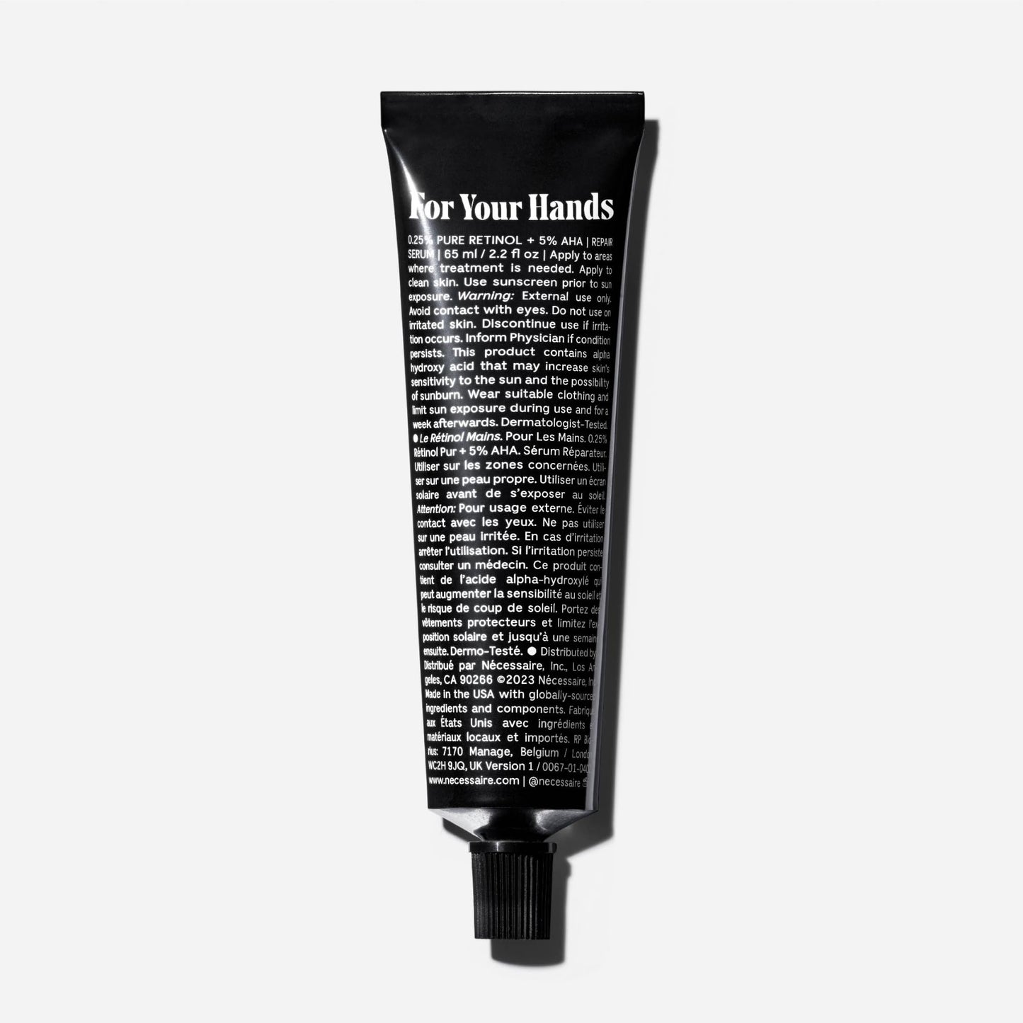 Nécessaire The Hand Retinol. Anti-Age Repair Serum. For Crepiness, Wrinkles, Spots, Brittle Cuticles. 0.25% Pure Retinol. 5% AHA. Dermatologist-Tested. Hypoallergenic. Non-Comedogenic. 2.2 fl oz.