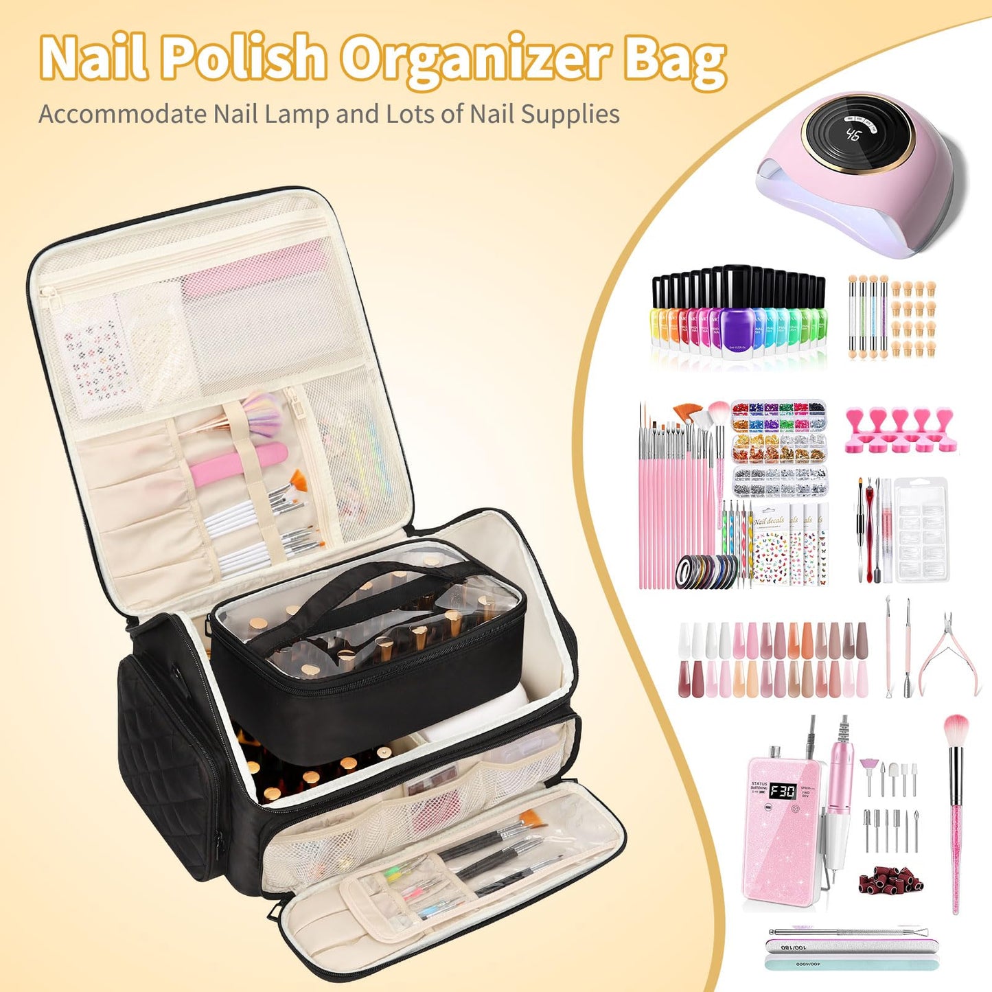 onemoky Nail Polish Organizer, Nail Organizers and Storage Bag Holds 43-65 Bottles Nail Polish and Nail Lamp, Travel Nail Tech Case Nail Bag Organizer Case for Nail Supplies & Manicure Tools, Black