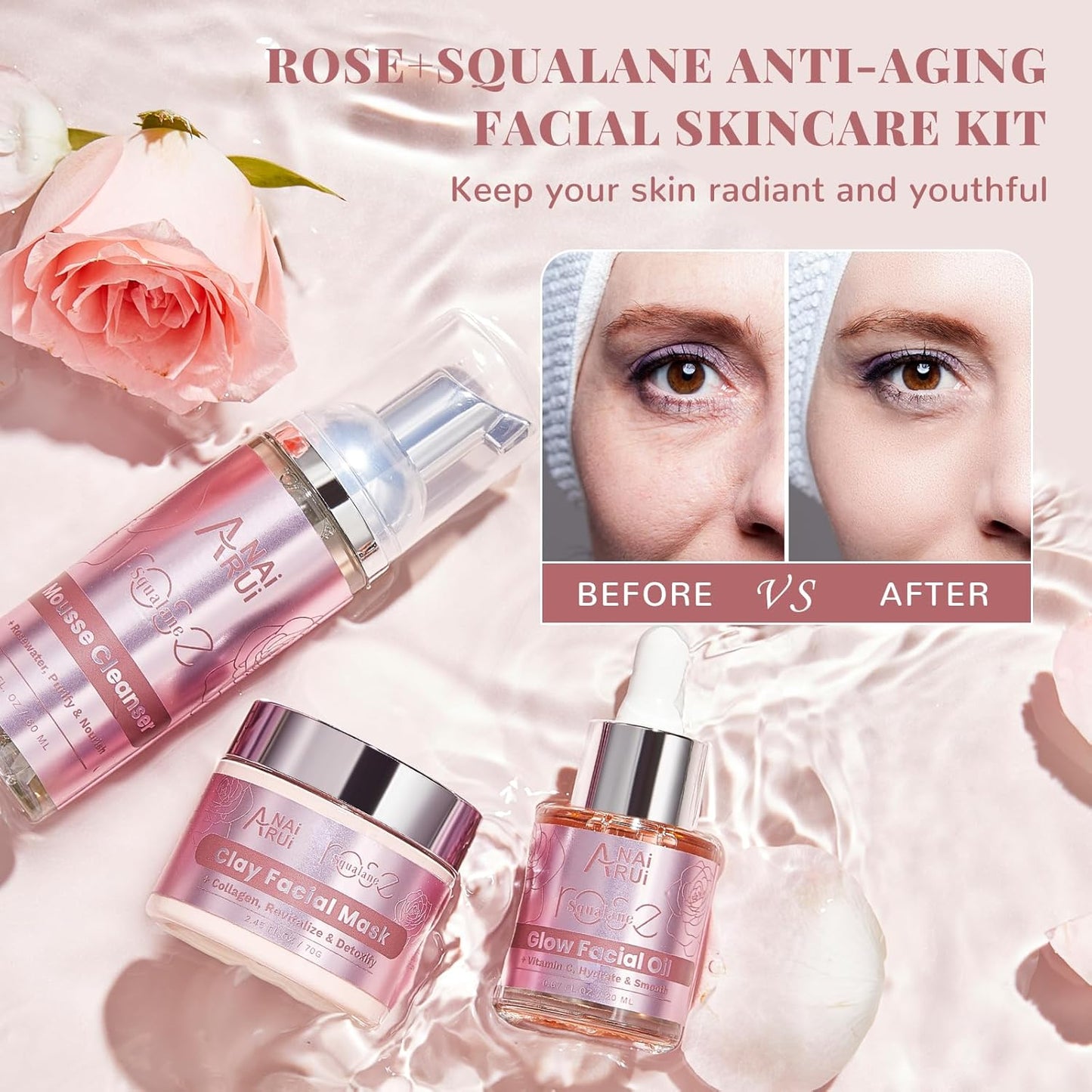 Hydrating Rose Skincare Gift Set - Purifying Facial Kit with Squalane, Clay Mask & Oil | Perfect Holiday Gift for Women